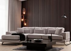 Canapé d'angle gauche velours gris avec têtières relevables et pieds metal noir Briko 308 cm
