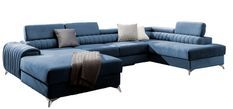 Canapé d'angle U tissu bleu coffre de rangement à droite Kalante 347 cm