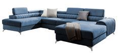 Canapé d'angle U tissu bleu coffre de rangement à gauche Kalante 347 cm