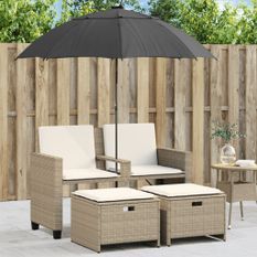 Canapé de jardin 2 places avec parasol et tabourets beige rotin