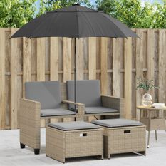 Canapé de jardin 2 places avec parasol et tabourets beige rotin