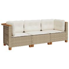 Canapé de jardin avec coussins 3 places beige résine tressée