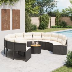 Canapé de jardin avec table coussins rond noir résine tressée