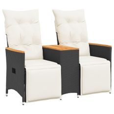 Canapé de jardin inclinable 2 places avec table noir poly rotin