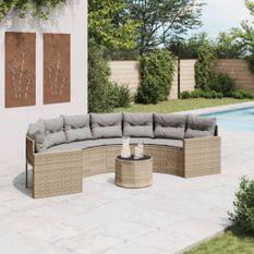 Canapé de jardin table coussins demi-rond beige résine tressée