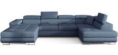 Canapé design panoramique U convertible droit tissu bleu jean avec coffre de rangement Romano