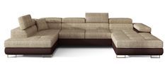 Canapé design panoramique U convertible gauche tissu beige chiné et simili marron avec coffre de rangement Romano 345 cm