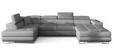 Canapé design panoramique U convertible gauche tissu gris clair avec coffre de rangement Romano