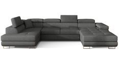 Canapé design panoramique U convertible gauche tissu gris foncé avec coffre de rangement Romano
