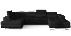 Canapé design panoramique U convertible gauche tissu noir avec coffre de rangement Romano