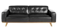 Canapé KIRO – Cuir de vachette noir matelassé, pieds noyer