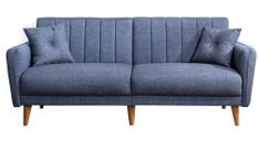 Canapé lit 3 places tissu lin bleu jean et pieds bois naturel Shekal 210 cm