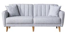 Canapé lit 3 places tissu lin gris clair et pieds bois naturel Shekal 210 cm