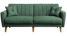 Canapé lit 3 places tissu lin vert et pieds bois naturel Shekal 210 cm