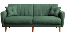 Canapé lit 3 places tissu lin vert et pieds bois naturel Shekal