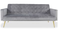 Canapé lit 3 places velours gris clair et pieds métal doré Justine 175 cm