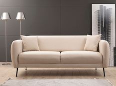 Canapé moderne 3 places tissu beige et pieds métal noir Kezila 214 cm