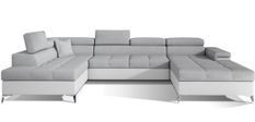 Canapé panoramique bi-matières tissu gris clair et simili cuir blanc coffre de rangement à gauche Kutty 345 cm