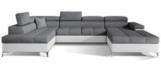 Canapé panoramique bi-matières tissu gris et simili cuir blanc coffre de rangement à gauche Kutty 345 cm