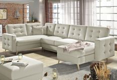 Canapé panoramique convertible capitonné simili cuir beige Anska 320 cm