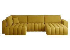 Canapé panoramique convertible design capitonné velours jaune méridienne droite Boston 350 cm