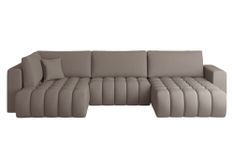 Canapé panoramique convertible design capitonné tissu marron clair méridienne droite Boston 350 cm