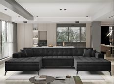 Canapé panoramique convertible en tissu ROMY - Pieds métal noir