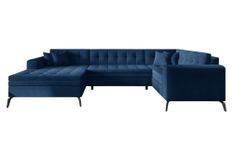 Canapé panoramique convertible gauche tissu doux brillant bleu matelassé Bonty 340 cm