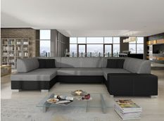 Canapé panoramique convertible HOUSTON en bi-matière avec coffre de rangement