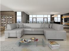 Canapé panoramique convertible HOUSTON en tissu avec coffre de rangement