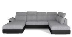 Canapé panoramique convertible LEVANO tissu et simili cuir - Rangement et appuie-têtes réglables