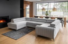 Canapé panoramique convertible LOUVE tissu - Rangement et têtières réglables