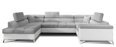 Canapé panoramique convertible matières tissu gris clair et simili blanc coffre de rangement à gauche Triano 350 cm