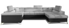 Canapé panoramique convertible matières tissu gris clair et simili noir coffre de rangement à droite Triano 350 cm