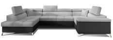 Canapé panoramique convertible matières tissu gris clair et simili noir coffre de rangement à gauche Triano 350 cm