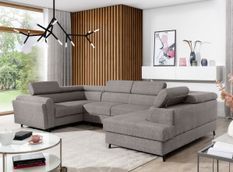 Canapé panoramique convertible SKADA en tissu avec coffre et têtières réglables – 336 cm