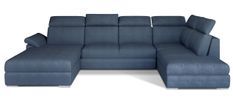 Canapé panoramique convertible tissu bleu jean coffre de rangement à gauche Levano 330 cm