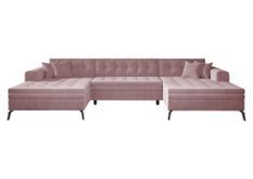 Canapé panoramique convertible tissu doux brillant capitonné rose clair Romy 350 cm