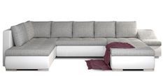 Canapé panoramique convertible tissu gris clair chiné et simili cuir blanc Jonaz 340 cm