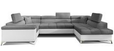 Canapé panoramique convertible tissu gris foncé et simili cuir blanc avec coffre de rangement Triano 342 cm