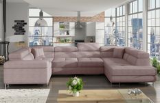 Canapé panoramique convertible TOVY en tissu avec coffre et têtières réglables – 340 cm