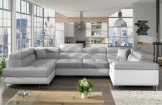 Canapé panoramique convertible TOVY en tissu et simili cuir avec têtières réglables – 340 cm