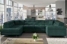 Canapé panoramique convertible TOVY en velours avec coffre et têtières réglables – 340 cm