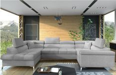 Canapé panoramique convertible TRIANO tissu - Coffre de rangement et têtières réglables