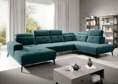 Canapé panoramique d’angle convertible VERSUS en velours avec têtières réglables – 350 cm