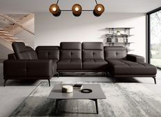 Canapé panoramique design simili cuir marron têtières angle gauche avec accoudoir Stan 350 cm
