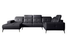 Canapé panoramique design simili cuir noir têtières angle droit avec accoudoir Stan 350 cm