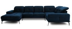 Canapé panoramique design tissu bleu nuit têtières angle droit avec accoudoir Stan 350 cm