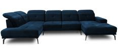 Canapé panoramique moderne tissu bleu nuit têtières angle gauche Versus 350 cm