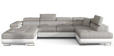 Canapé panoramique tissu gris clair chiné et simili cuir blanc convertible avec coffre de rangement Romano 345 cm
